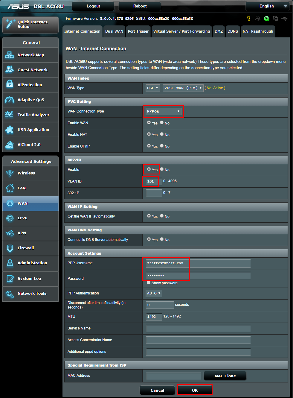 configuration ADSL WINDTRE Asus DSL-AC68U